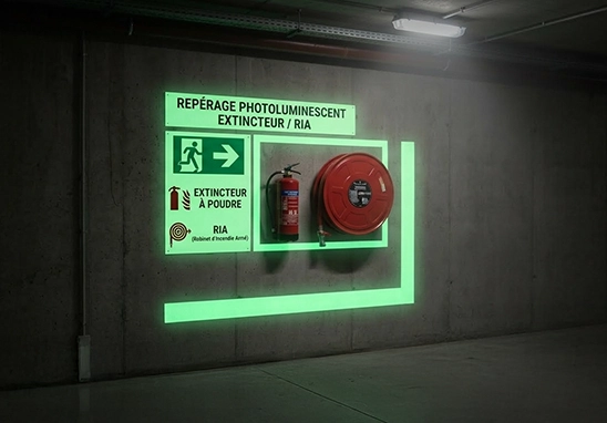 Extincteur, RIA et issue de secours repérés par une signalétique photoluminescente en cas de coupure de courant